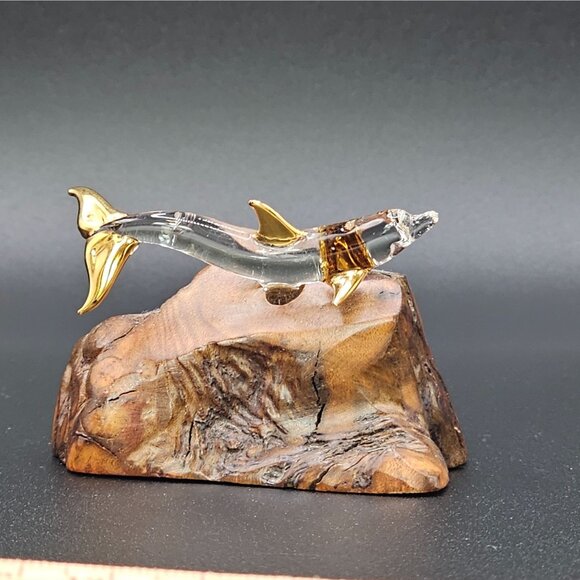 Raw Natural Wood Clear Glass Dolphin Figurine GoldTone Tip Finish 1.5" VTG Décor - Picture 3 of 16
